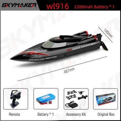 WLtoys WL916 RC Boat, WL916 RC boat with 2200mAh battery, brushless motor, remote, accessory kit, and original box included.