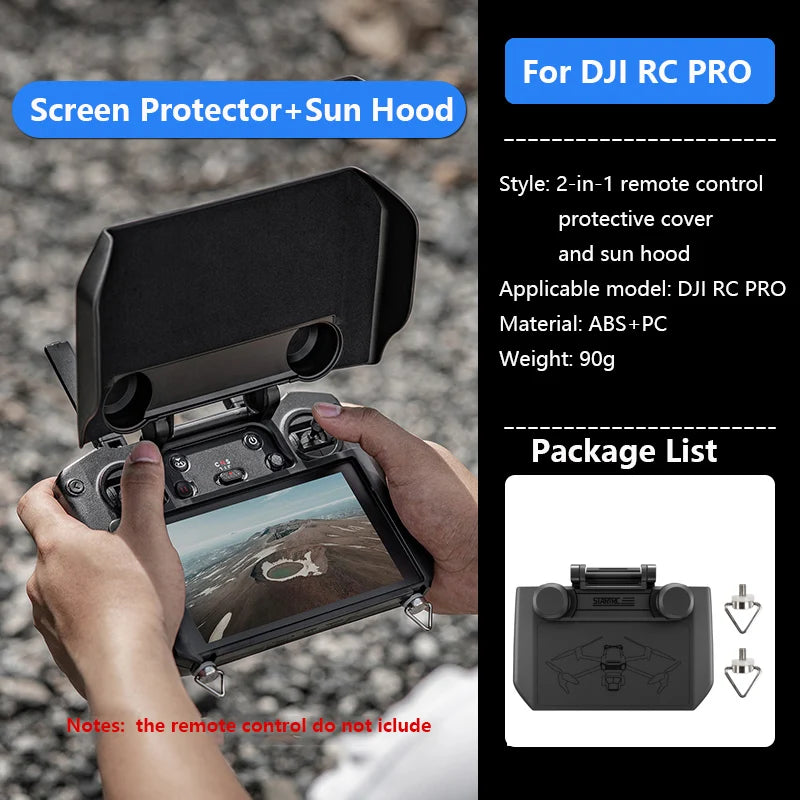 StartRC 2-in-1 Sun Hood Joystick Cover, 2-in-1 screen protector and sun hood for DJI RC Pro, made of ABS+PC, 90g, includes cover and screws.