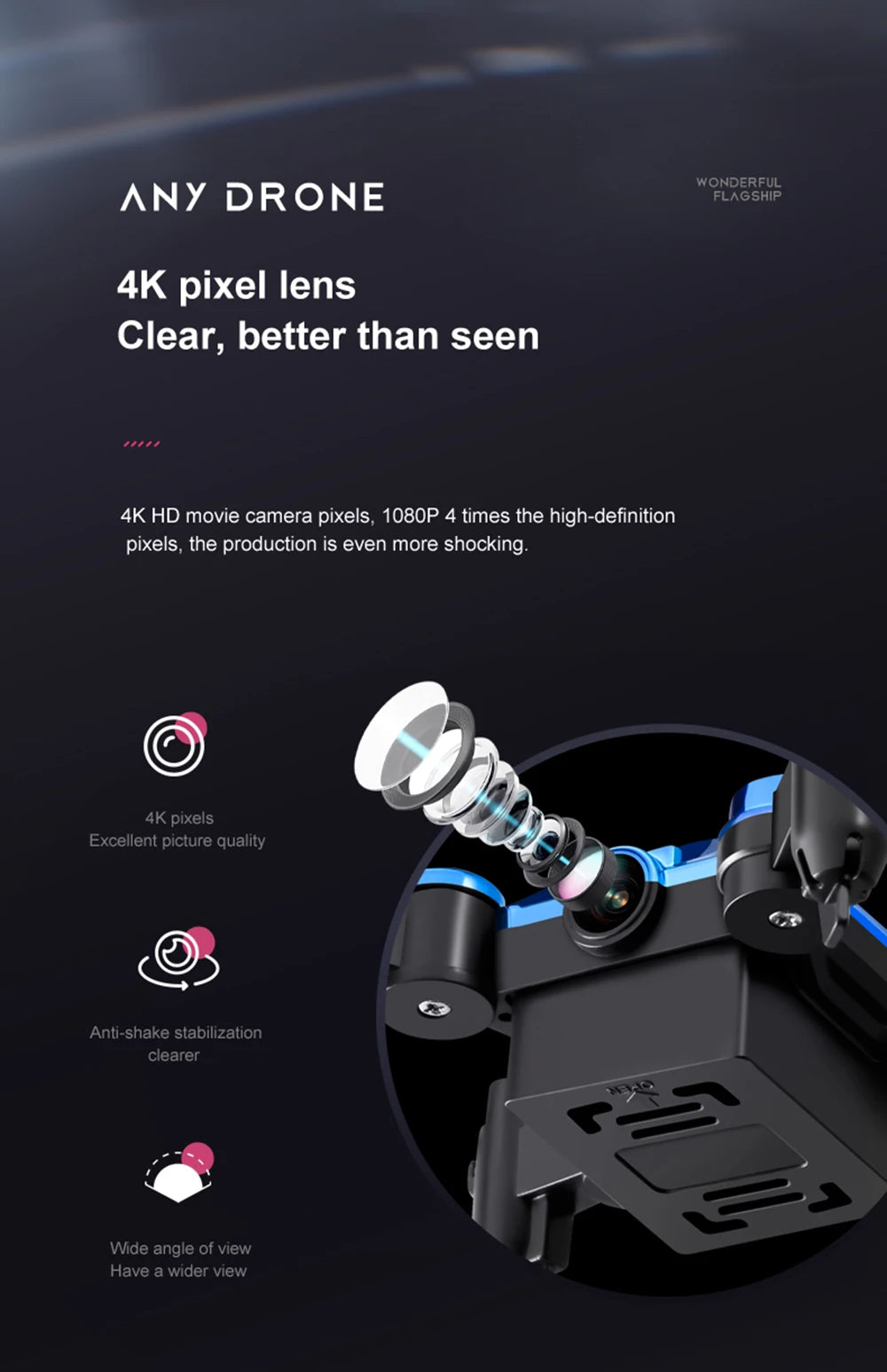 drone flagship 4k pixel lens clear; better than seen 4k