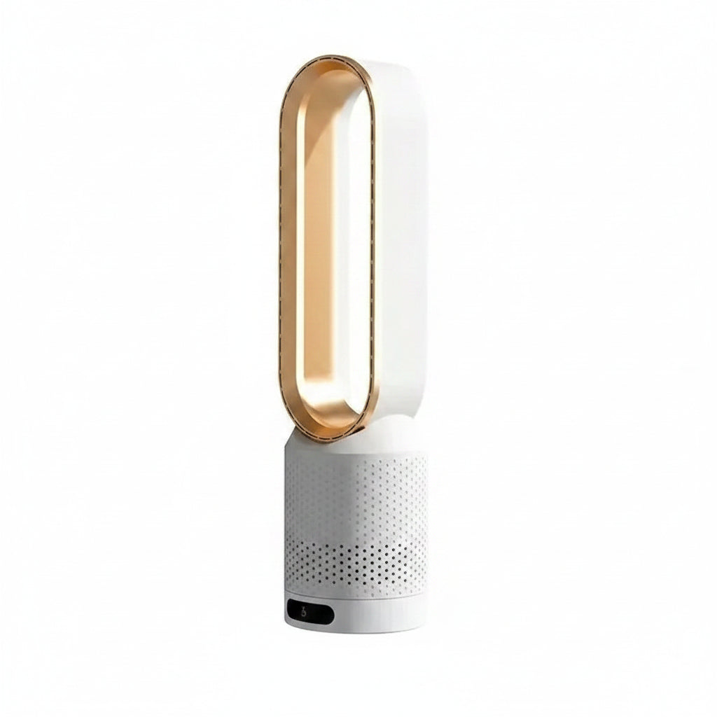Quiet bladeless tower fan with air purification base, white and gold finish, 58cm tall