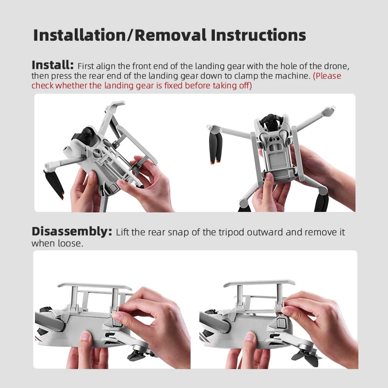 Foldable Landing Gear for DJI MINI 3/ for MINI 3 PRO Extender Long Leg Foot Protector Stand for MINI 3 Drone Accessories 17 Foldable Landing Gear, landing gear aligns with the hole of the drone, then press the rear end down to clamp