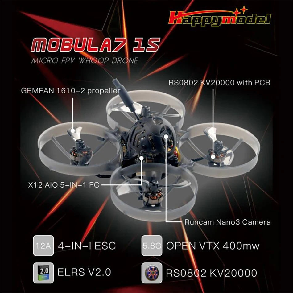Happymodel Mobula 7 - 1S/HD 75mm Micro FPV Whoop Quadcopter Drone Open VTX 2.4G ELRS Receiver Runcam Nano3 Brushless Motor 13 Happymodel Mobula 7 - 1S/HD 75mm Micro FPV, Happymodel Mobula 7, @pppuodal Mobulaz 1S MICRO FPV WHO