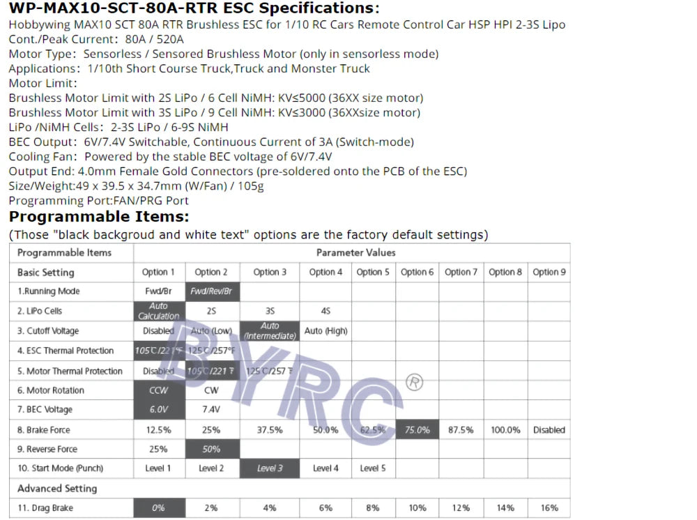 Waterproof ESC for 1/10 RC cars with 80A peak current, sensorless/sensored brushless motor support.