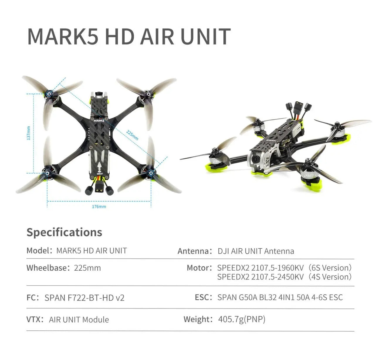 MARK5 HD AVATAR Freestyle FPV Drone - 4S/6S ELRS 2.4G 5Inch SPEEDX2 2107.5 Motor RC FPV Quadcopter LongRange Freestyle Drone 20 MARK5 HD AVATAR Freestyle FPV Drone, MARKS HD AIR UNIT 1 176mm Specifications Model: DJI