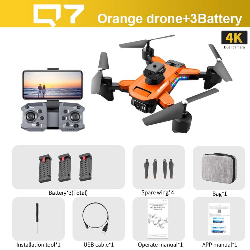 Q7 Drone, Orange drone+3Battery 4K Dual camera Battery"1