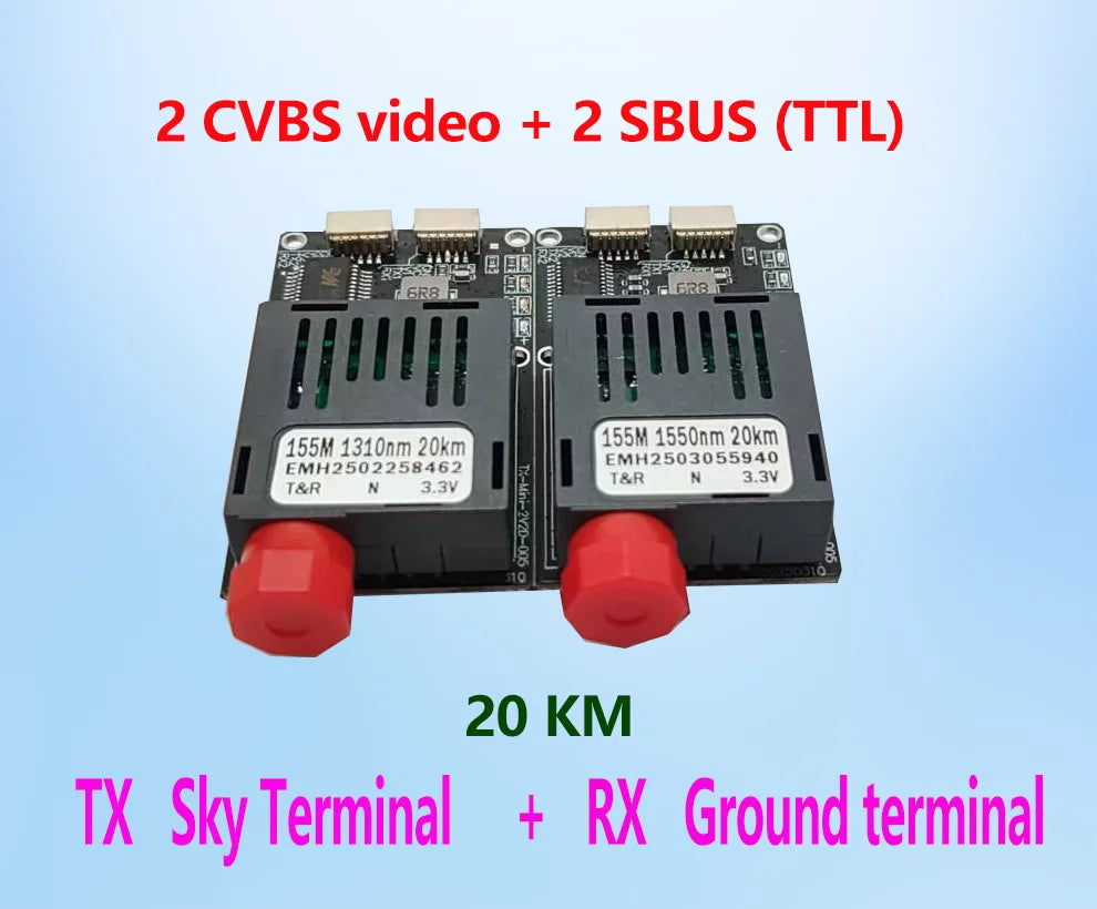 Dual CVBS and SBUS, 20 km range, EMH250 series, 1310/1550 nm, single-mode fiber, 5–26V input, 3.3V output, FC/UPC connectors.