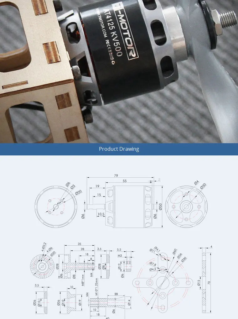 T-MOTOR Tmotor AT4130 KV230 KV300 KV450 Brushless Motor Customized UAV Drone Electric Fixed Wing Motor OEM OR ODM 15 T-MOTOR, 50*79mm Internal Resistance : 32 m Lead : Ename