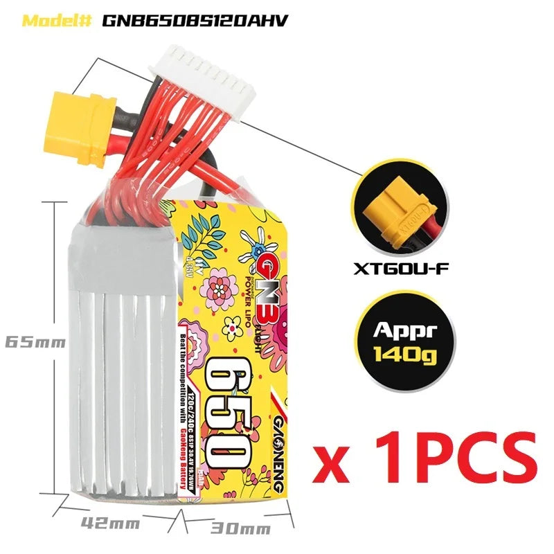 XT30-plugged battery with varying capacities (2-8S) and high discharge rates for Gaoneng's GNB model.