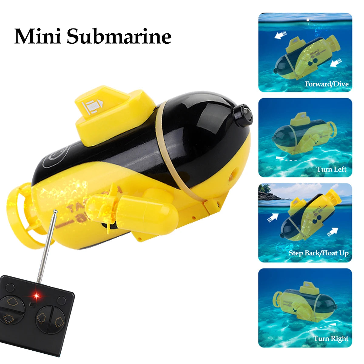 NEUSNEY Mini RC Submarine Toy RC Boat, Mini remote-controlled submarine performs forward, dive, turn left, step back, float up, and turn right maneuvers.