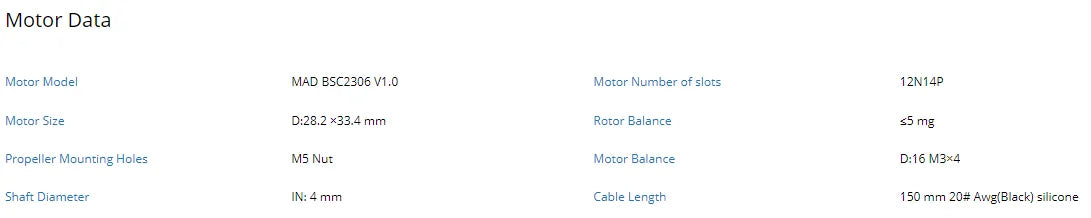 MAD BSC2306 FPV Drone Motor, MAD BSC2306 drone motor specs: 12N14 slots, D28.2x33.4mm, 55mg rotor balance, M5 prop holes.