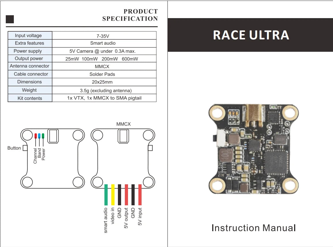 AKK RACE-ULTRA VTX, 3.5g (excluding antenna) Kit contents Ix VTX, Ix MMC