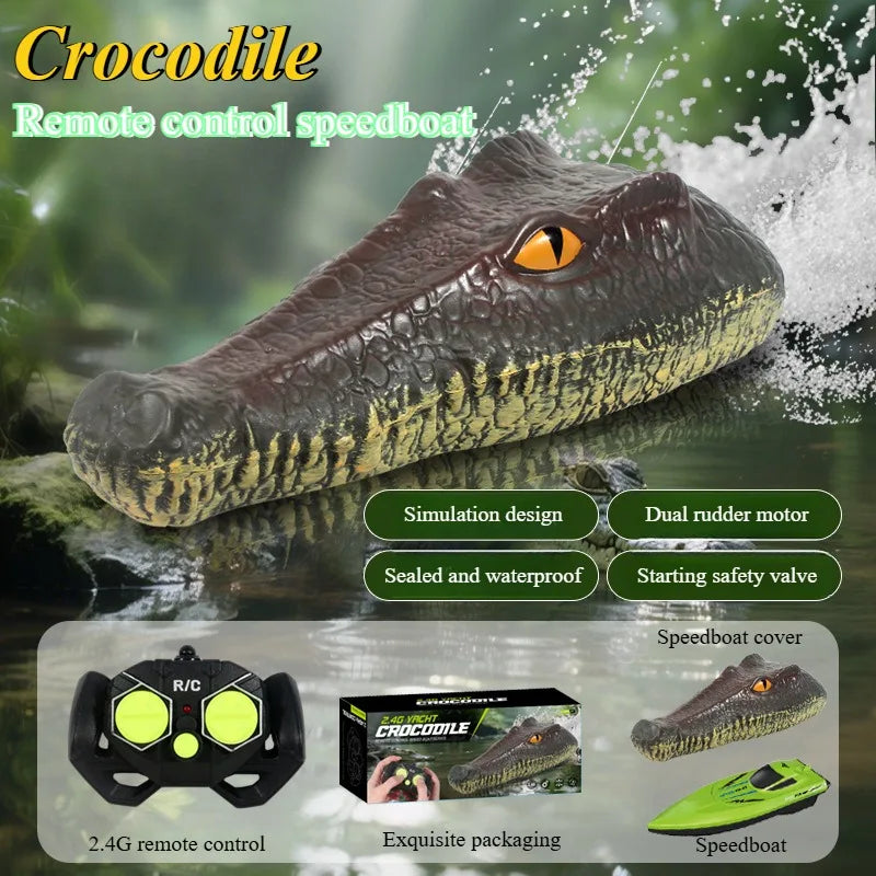 RC Boat, Crocodile RC speedboat with 2.4G remote, waterproof dual motors, realistic design, safety valve, includes cover and packaging for protection.