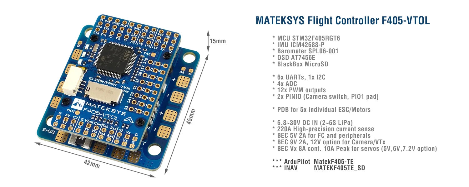 MATEKSYS Flight Controller F4O5-VTOL 6 15mm MCU S