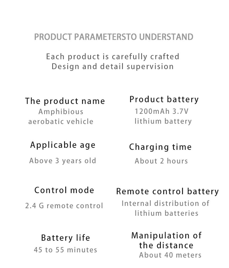 2.4G Amphibious Stunt, each product is carefully crafted Design and detail supervision The product name Product battery Amphibious