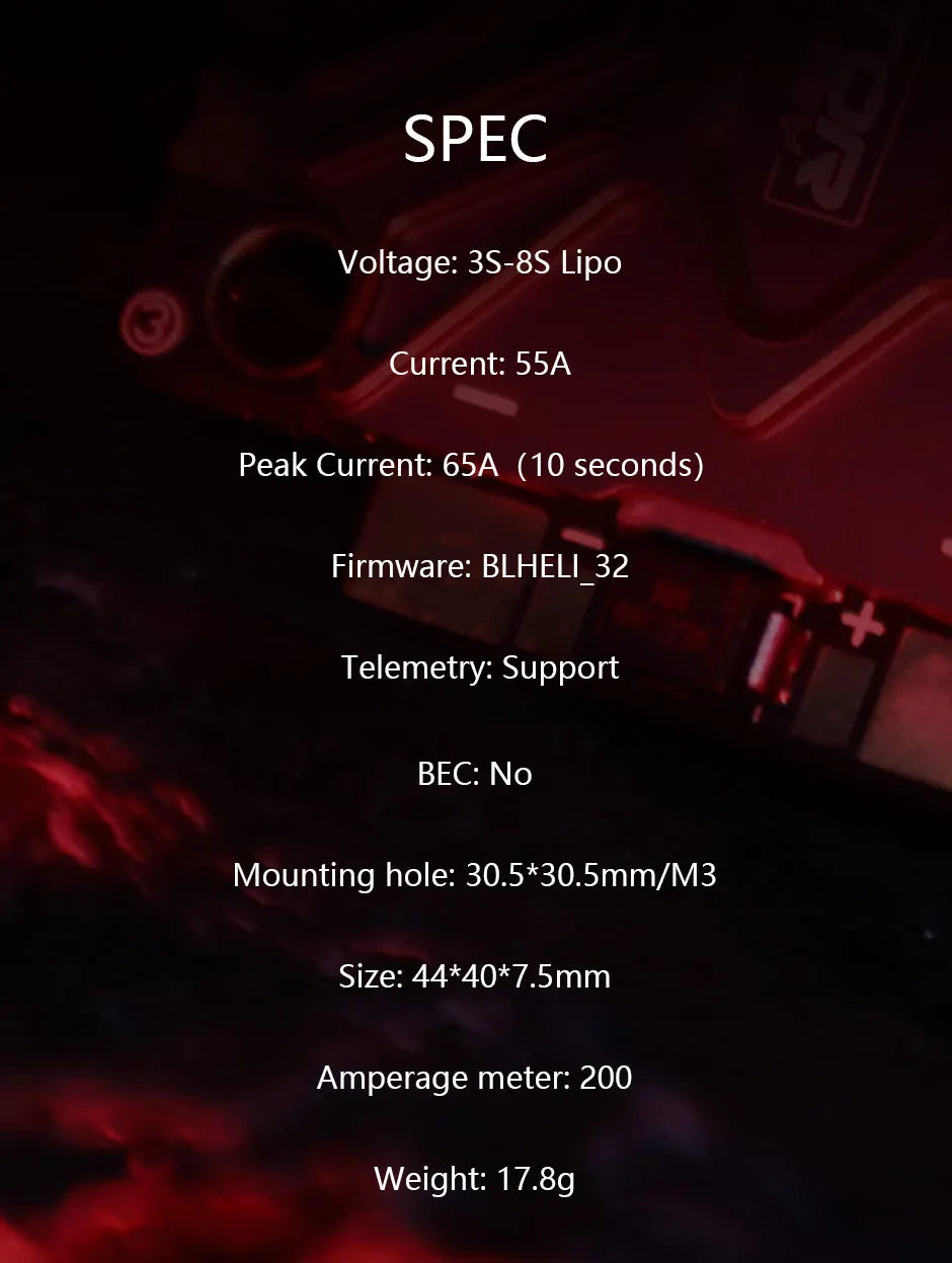 T-MOTOR F55APROIII F55A PROIII 4IN1 ESC, SPEC Voltage: 35-8S Lipo Current: 55A Peak Current: 65A