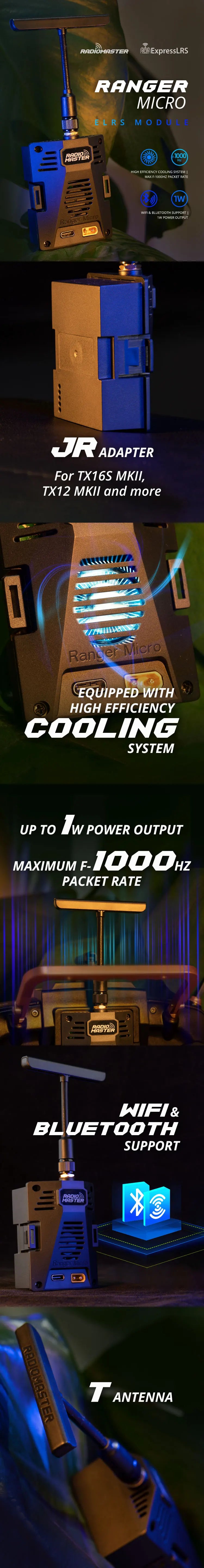 RadioMaster Ranger Micro 2.4GHz ELRS Module Combo Set for TX16S TX12 MKII 9 RadioMASTER IExpressLRS RANGER MICRO 1000 EFFICIEN