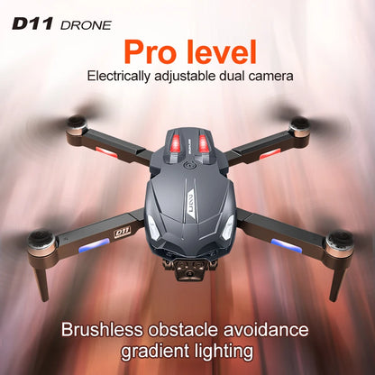 D11 Drone, The Pro-grade D11 drone has electrically adjustable dual cameras, smooth brushless motors, obstacle avoidance tech, and gradient lighting for better visibility.