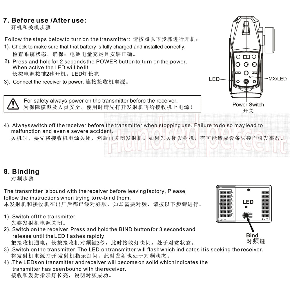 Flyueace T-6819C - 7CH 2.4GHZ 4.2-10V Radio Control System Transmitter With Receiver For RC Car Boat Tank Truck Toy Linkage lights 27 Flyueace T-6819C, for safety always power on the transmitter before the receiver . failure to do so may lead to