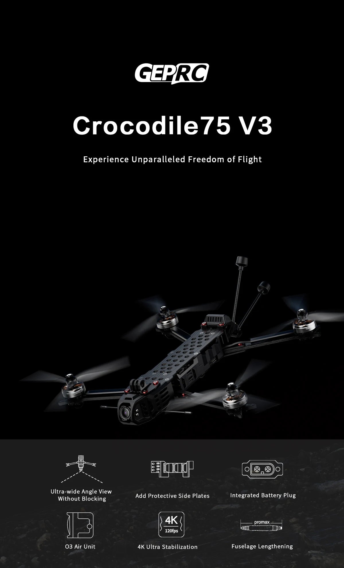 GEPRC Crocodile75 V3 HD - O3 Long Range FPV 7.5inch 6S TAKER 32Bit 128K 60A Stack O3 Air Unit SPEEDX2 2806.5 1350KV Motor GPS FPV 8 GEPRC Crocodile75 V3 HD - O3 Long Range FPV, GEPRC Crocodile75 V3 HD, GEPRG Crocodile75 V3 Experience Unparalleled Freedom of Flight Ultra