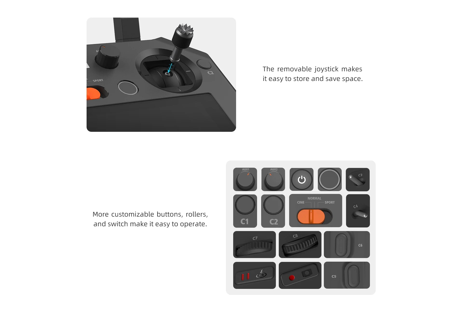 FIMI TX10 Remote Controller, removable joystick makes Sport easy to store and save space . AUXI AU
