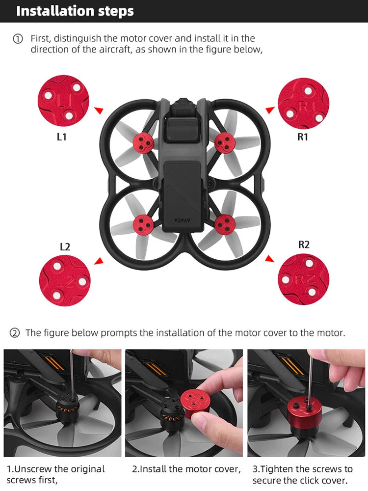 Avata Goggles 2 Eye Mask, installation steps First, distinguish the motor cover and install it in the direction of the aircraft .