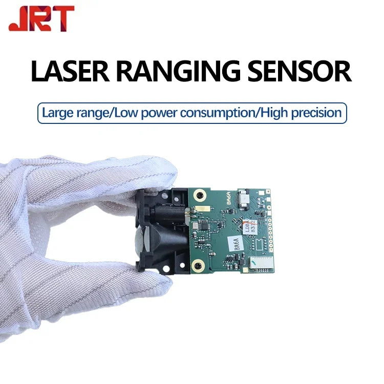 JRT 100m Laser Distance Sensor, A laser distance sensor module that measures distances up to 100 meters with ±3mm accuracy, operating at 3Hz.