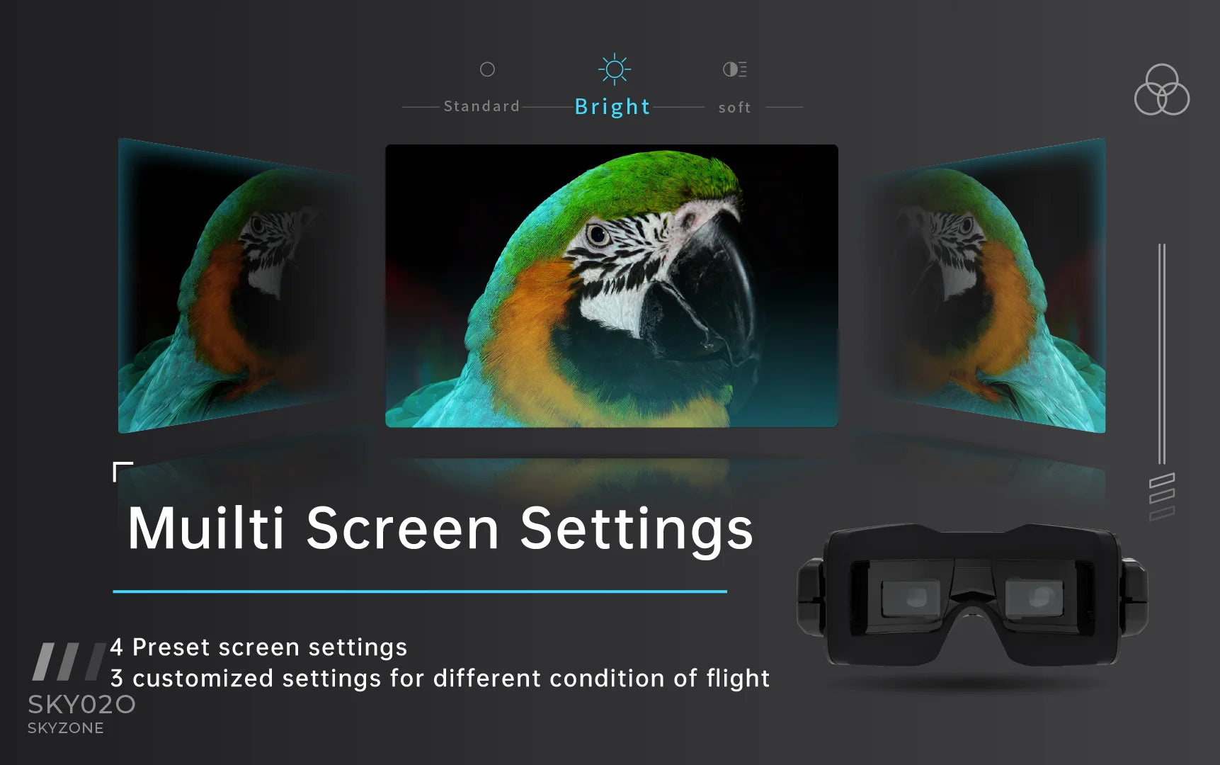 SKYZONE SKY02O FPV Goggles - OLED 5.8Ghz SteadyView Diversity RX Built DVR HD AVIN/OUT RC Racing FPV Camera Googles Drone 12 SKYZONE SKY02O FPV Goggle, Standard Bright soft Muilti Screen Settings 4 Preset screen settings 3 customized settings for different