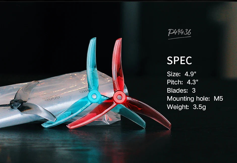 T-motor P49436 Props - 2pairs/bag Propeller, P49436 SPEC Size: 4.9" Pitch: 4.3" Blades