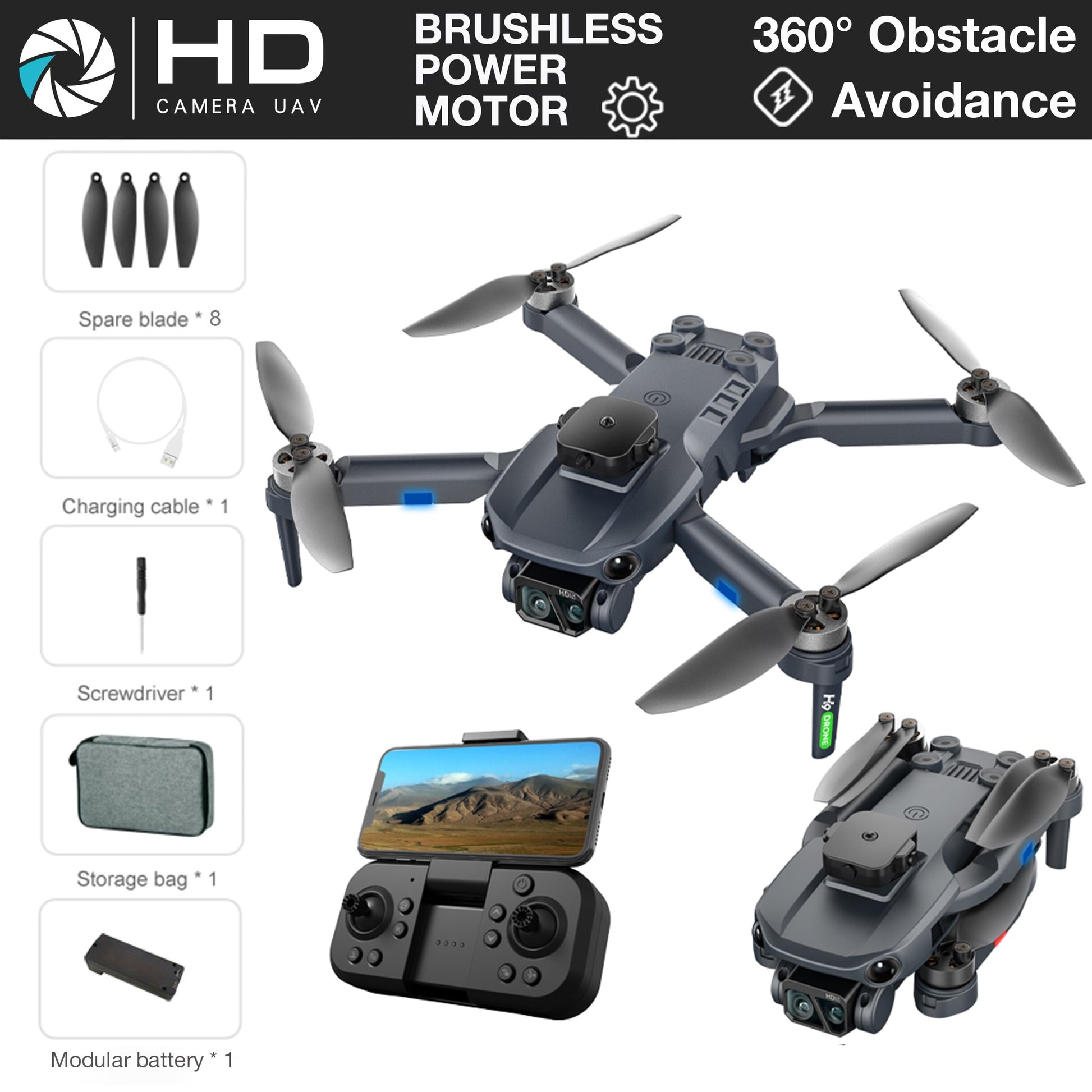 H9 Drone, BRUSHLESS 3600 Obstacle HD POWER CAMERA UA V