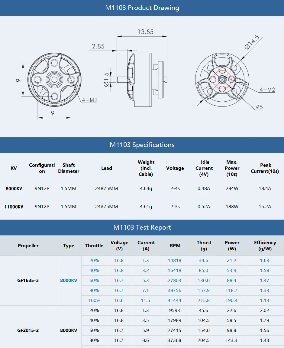 T-MOTOR M1103 Micro Motor - KV8000 KV11000 Suitable For 1.6-2.5 inch Whoop 2-3 inch Toorhpick 11 T-MOTOR M1103 Micro Motor SPECIFICATIONS Use : Vehicle
