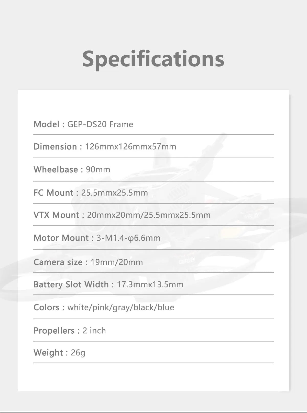 GEP-DS20 Frame 2Inch Parts Propeller Accessory, GEP-DSZO Frame Dimension 126mmx126mmXSZO Wheel