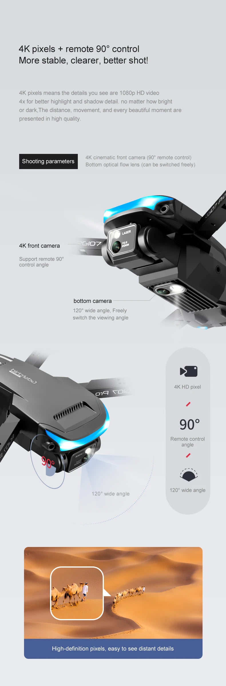 2024 NEW RG107 Drone, 4K cinematic front camera 32107 HH Support remote 908 control angle bottom camera 120