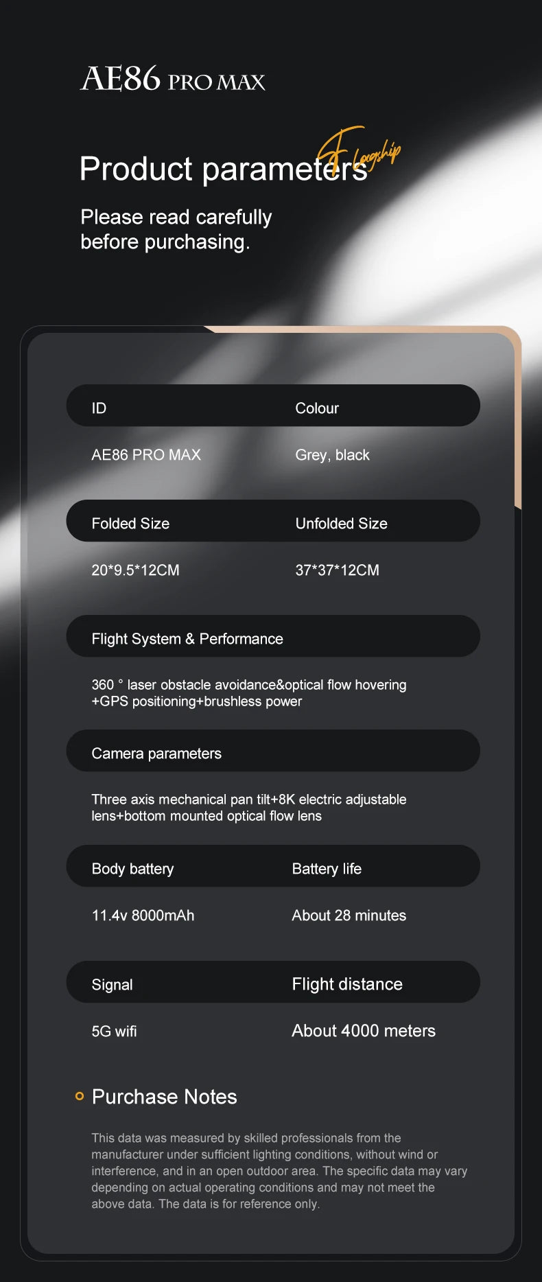 AE86 Pro Max Drone - GPS 4K HD Camera Three Axis Mechanical Pan Tilt Camera Brushless Laser Obstacle Avoidance GPS Drones toys 28 AE86 Pro Max Drone, data was measured by skilled professionals from the manufacturer under sufficient lighting conditions, without wind or interference,