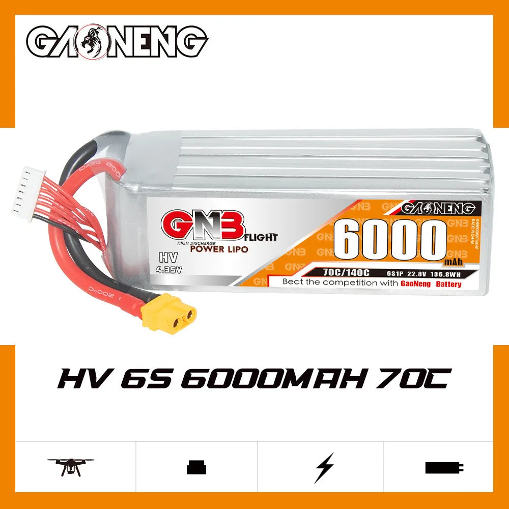 High-power lipo battery with 6000mAh capacity, 22.8V voltage, and 70C/140C discharge rate.