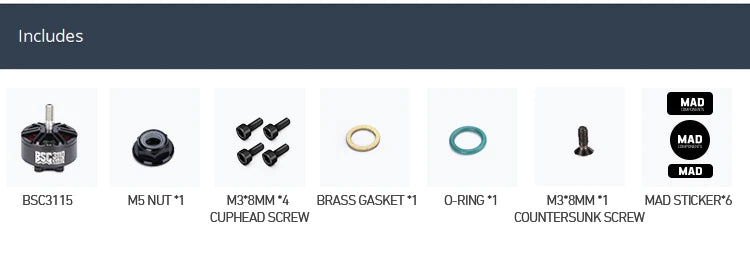 MAD BSC3115 FPV Drone Motor, MAD MS motor assembly kit with gaskets, O-ring, screws, and sticker.