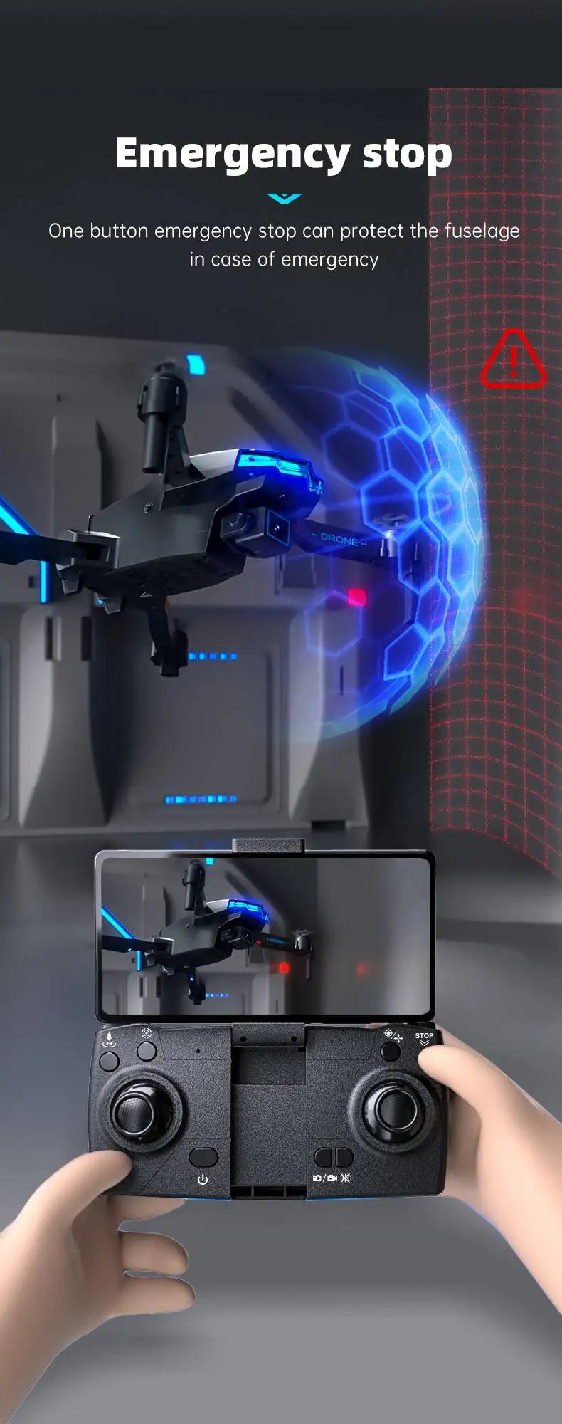 NEW X6 Drone, Emergency stop One button emergency stop can protect the fuselage in case of emergency STOP D/