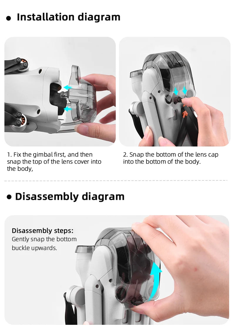Camera Lens Cap for DJI MINI 3 PRO Drone, disassembly steps: Gently snap the bottom buckle upwards .
