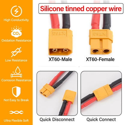 XT60 12AWG Parallel Battery Connector Male/Female Cable Dual Extension 40CM/60CM Silicone Wire for RC Battery Motor