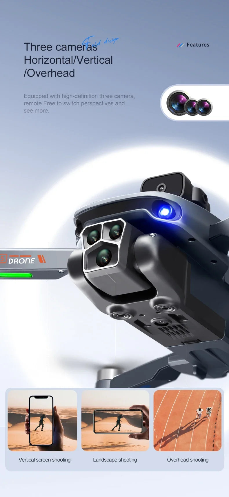 S115 Drone, desigr three cameras features horizontalnertical ioverhead