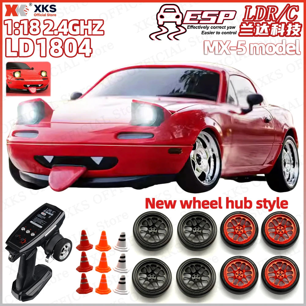 XKS LD1804 1:18 scale RC MX-5 car with 2.4GHz remote, ESP, LED lights, new wheel hubs, and cones included.