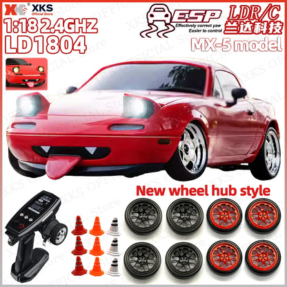 XKS LD1804 1:18 scale RC MX-5 car with 2.4GHz remote, ESP, LED lights, new wheel hubs, and cones included.
