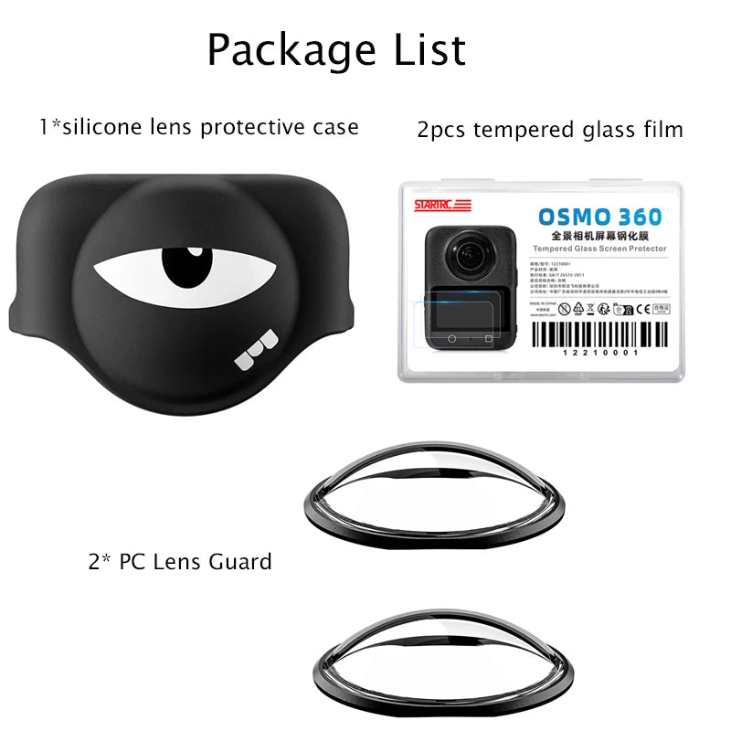 STARTRC Silicone Lens Guard, Silicone case, two tempered glass films, and two PC lens guards for Osmo 360 camera protection.