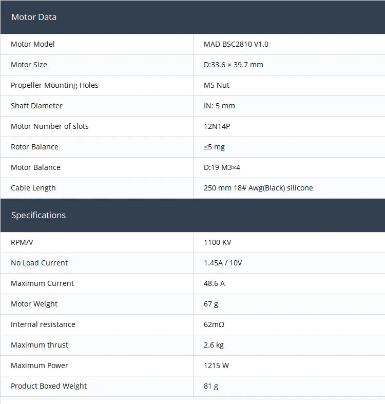 MAD BSC2810 Brushless Motor, High-performance brushless motor suitable for 10-11 inch long-range FPV drones or 9-10 inch X8 Cinelifter drones.