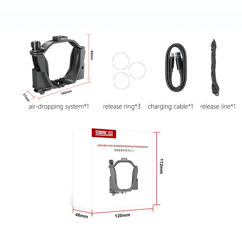 STARTRC Airdrop System for DJI Mini 4 Pro & Air 3: lightweight, light-sensitive dropper with 1/4" mount, handles 60g–400g loads, USB-C powered. Includes dropper, rings, cable, and release line.