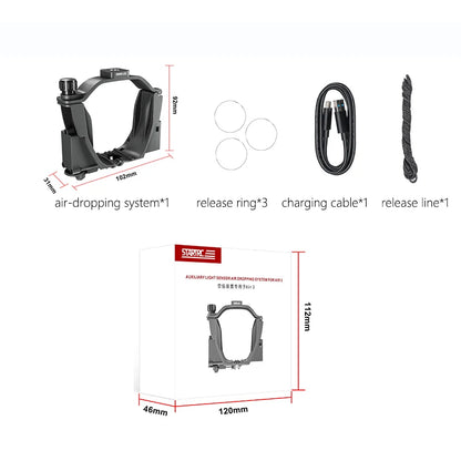 STARTRC Airdrop System for DJI Mini 4 Pro & Air 3: lightweight, light-sensitive dropper with 1/4" mount, handles 60g–400g loads, USB-C powered. Includes dropper, rings, cable, and release line.