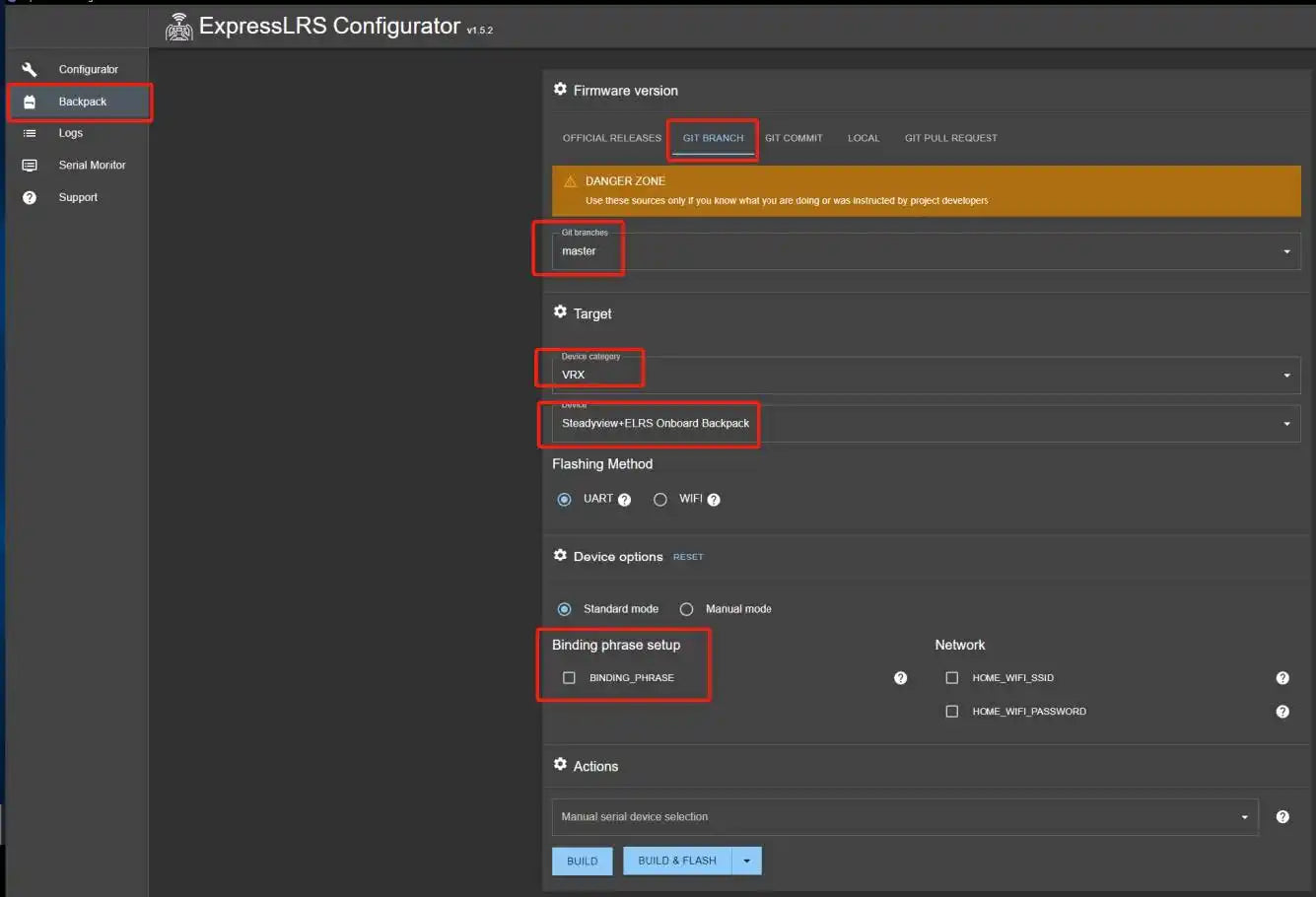 Skyzone Steadyview+ELRS Backpack Receiver for FPV Goggles 48CH 5.8Ghz V3.3 Hardware 18 ExpressLRS Configurator Wsu Configuralor 0 Firmware version Backpack Log