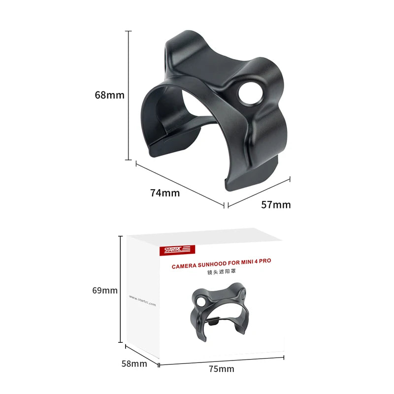 STARTRC lens hood for Mini 4 Pro, sized 74x68x57mm, made of lightweight ABS material, weighs only 8g, designed to reduce glare and protect the camera lens.