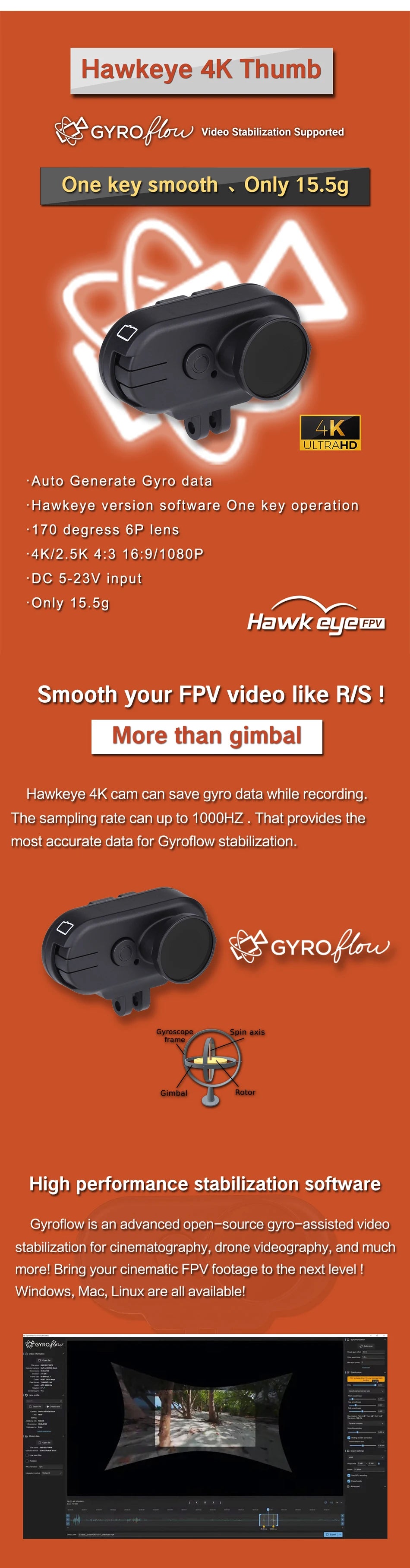 Hawkeye Thumb 4K HD FPV Camera, Hawkeye 4K cam can save gyro data while recording . the sampling