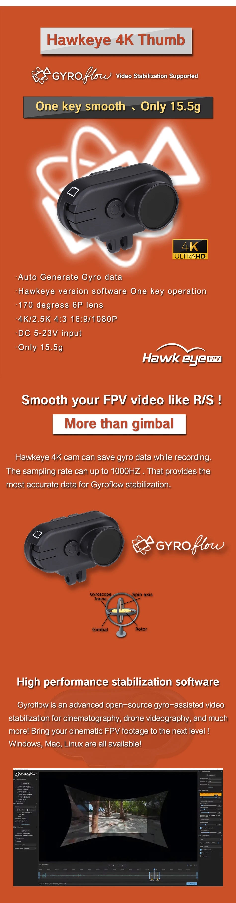 Hawkeye Thumb 4K HD FPV Camera - With ND16 Filter FOV 170 Gyroflow Stabilization Remote Recording For FPV Rcaing Drone Quadcopter 15 Hawkeye Thumb 4K HD FPV Camera, Hawkeye 4K cam can save gyro data while recording . the sampling