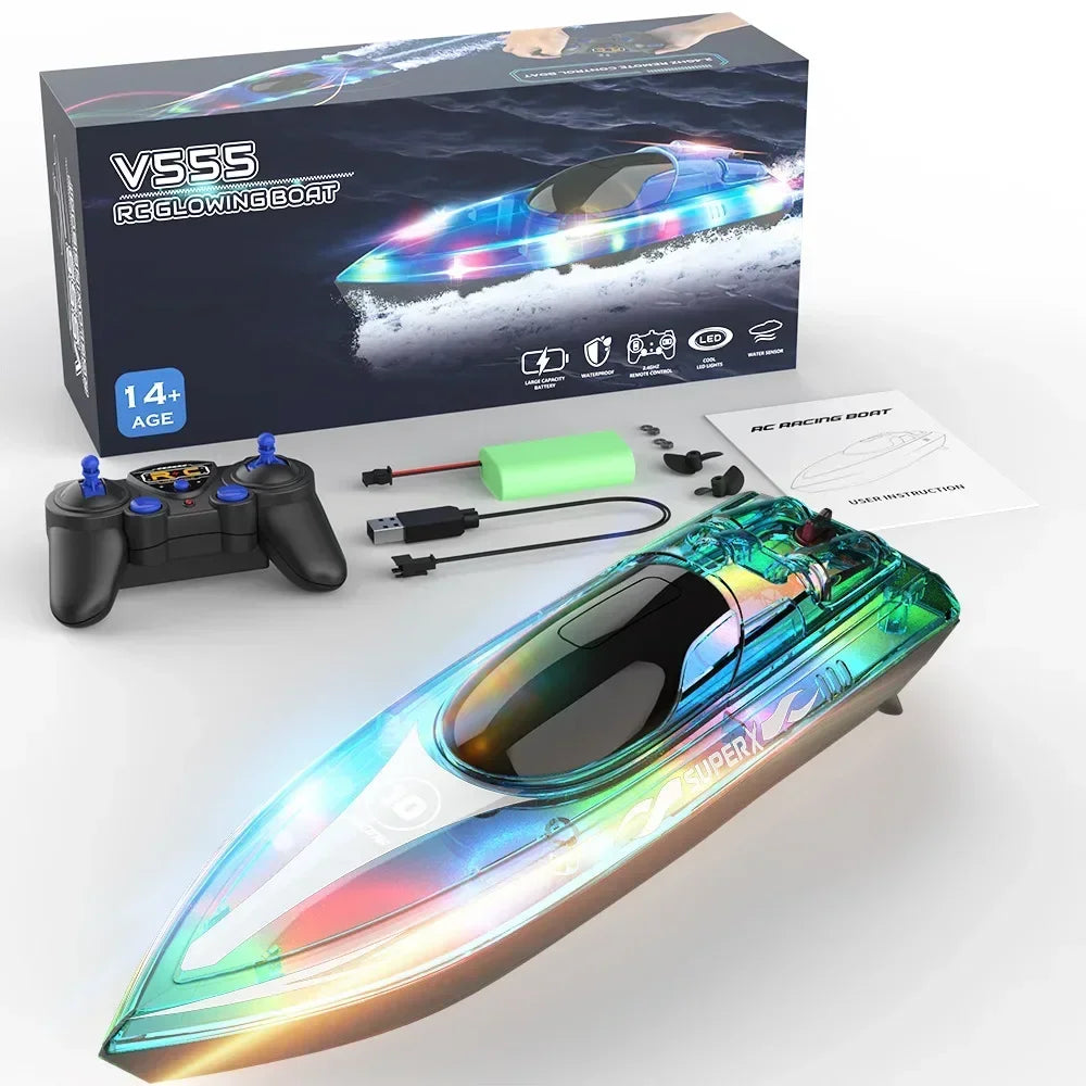 V555 2.4GHz RC Boat, V555 RC glowing boat for ages 14+, features LED lights, 2.4GHz remote, 15KM/h speed, 50M range, 60-minute runtime, and transparent cover.